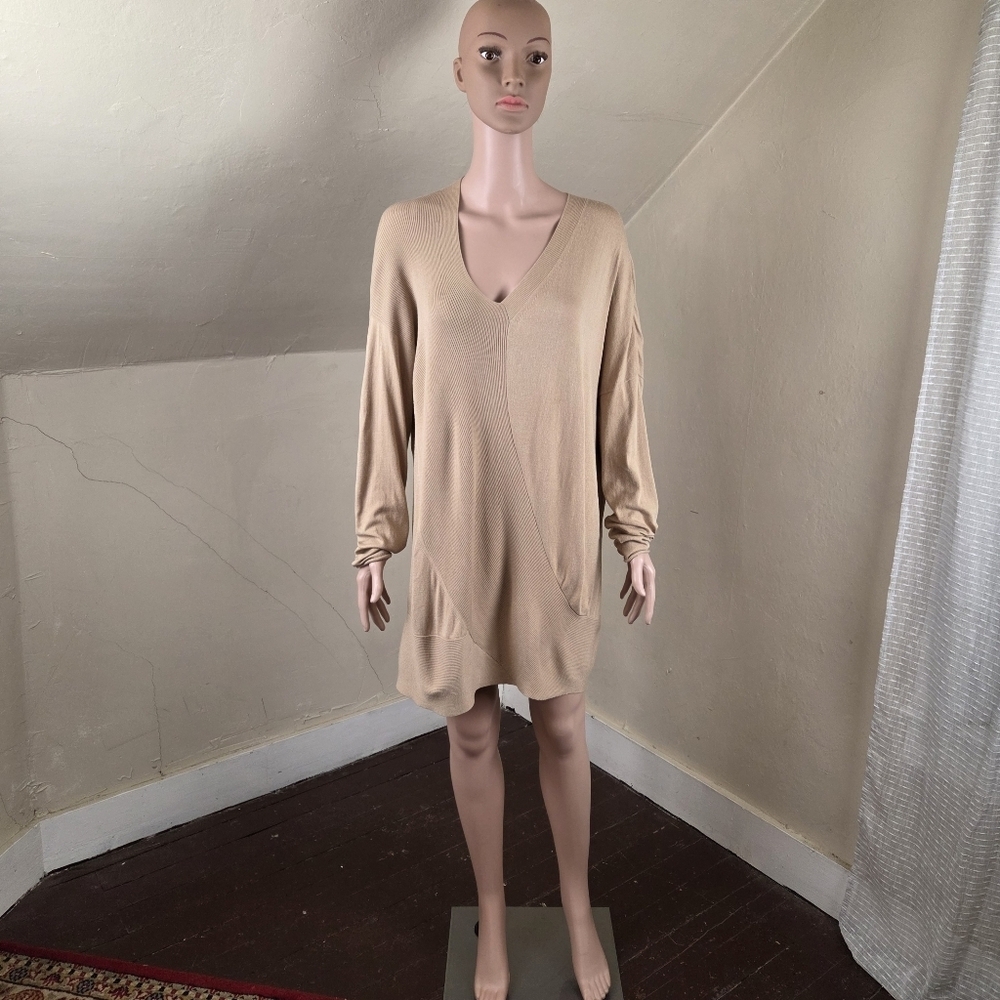 Lafayette 148 New York Beige V-Neck Knit Tunic Sweater Dress XL Asymmetrical Hem